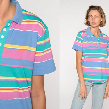80s Polo Shirt Periwinkle Blue Pink Shirt Striped Shirt Half Button Up Tshirt 1980s Retro Vintage Tee Jantzen Medium 