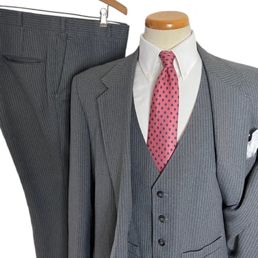 Vintage 1970s SEARS Perma-Prest 3pc Pinstripe Suit ~ 46 Long ~ vest / waistcoat ~ pants / jacket / sport coat ~ Preppy / Ivy / Trad 