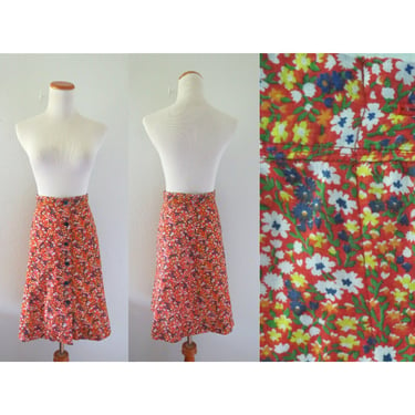 70s Mini Skirt Calico Floral A-line Button Front High Waisted Skirt 