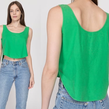Medium 80s Green Cotton High-Low Tank Top | Vintage Scoop Neck Sleeveless Cropped Shirt 