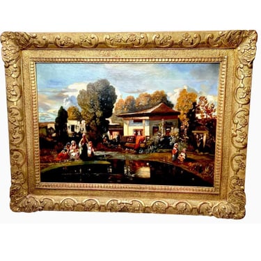 Antique 1800s Original Oil Painting Signed, “N. Diaz” Barbizon School Artwork | Village Scene Framed 25”x 19” 