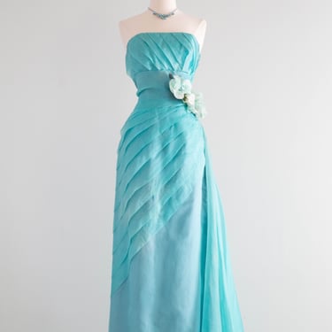 Stunning 1950's Emma Domb Pleated Organza Formal Gown In Aquamarine / XS