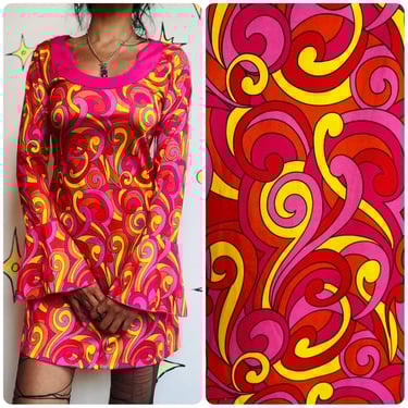 Retro 90s Does 60s/70s MOD GoGo Psychedelic Pink Paisley Mini Dress - M 