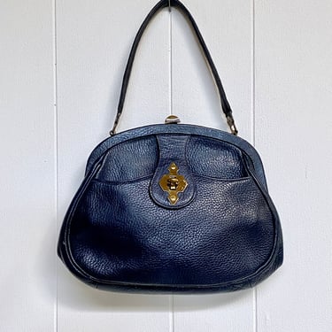 Vintage 1950s Roger Van S Handbag, 50s Navy Blue Pebbled Leather Purse w/Brass Hardware, Mid-Century Collectible Bag 