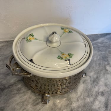 Vintage Royal Rochester Porcelain and Silver Casserole Dish 