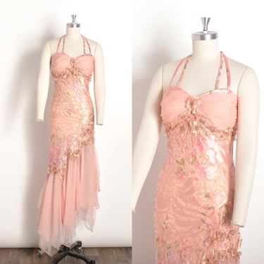 Vintage 2000s Dress / Y2K Diane Freis Floral Gown / Pink Gold ( M L ) 