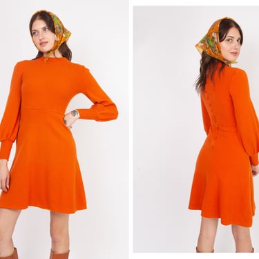 Vintage 1960s 60s Tangerine Orange 100% Pure Wool Italian Made Turtleneck Mini Dress w/ Ribbed Bodice and Balloon Sleeves - AS IS 