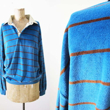 Vintage 1980s Striped Velour Long Sleeve Shirt M - Blue Orange Collared Rugby Shirt - 80s Preppy Clothing 