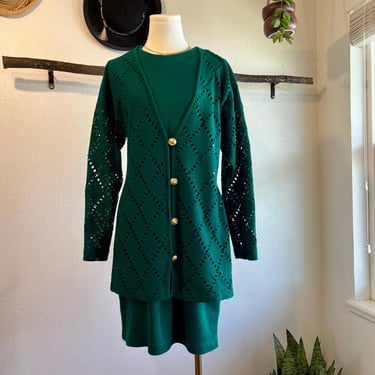 Vintage USA Emerald Green Soft Knit Lace Overlay Long Sleeve Dress Size Medium 