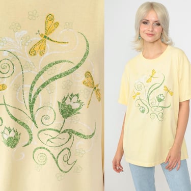 Dragonfly T Shirt 00s Floral Tshirt Yellow Y2K Bug Shirt Nature Wildlife Tee Vintage Graphic Insect Tee Short Sleeve Crewneck Medium 