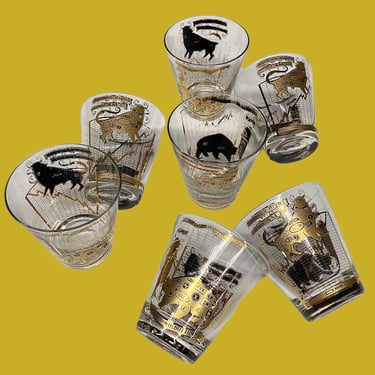 Vintage Georges Briard Whiskey Glasses Retro 1950s Mid Century Modern + Rocks Glass + Wall Street + Stock Market +  Bull and Bear + Set of 7 