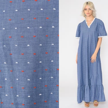 70s Boho Dress Blue Prairie Maxi Dress Puff Sleeve Dress Flounce Polka Dot Eyelet Lace Trim 1970s Long Bohemian A-Line Vintage Hippie Large 