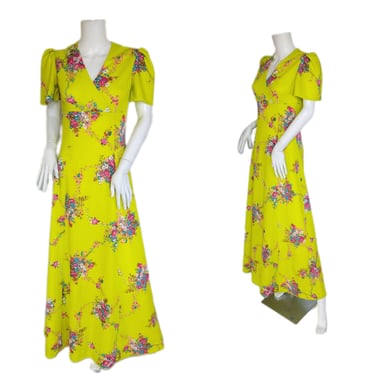 1970's Chartreuse Green Floral Print Long Maxi Dress I Sz Med I Flutter Sleeves I 70's does 30's 