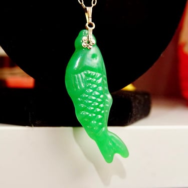 Vintage Carved Green Jadeite Jade Fish Pendant, Vibrant Green Jade Stone, Relief Scale Designs, Silver Necklace Bail, 2 1/4&quot; L, 