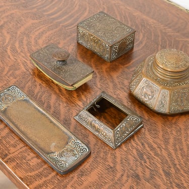 Tiffany Studios New York ‘Zodiac’ Bronze Five-Piece Desk Accessory Set, Circa 1910
