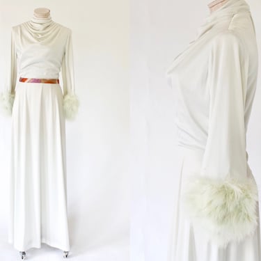 1970s Lilli Diamond Ostrich Feather Trimmed Jersey Gown - 70s Vintage Floor Length Draped Bodice Dress - Small-Medium 