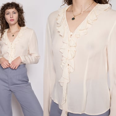 Medium Y2K Sheer Ivory Silk Ruffle Collar Blouse | Vintage Boho Button Up V Neck Top 