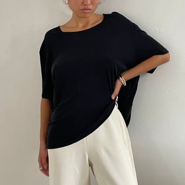 90s silk jersey tee T-shirt / vintage black semi sheer pure silk jersey knit short sleeve scoop neck oversized tee T-shirt | Extra Large 