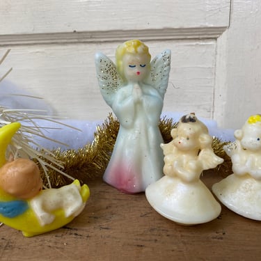 Vintage Gurley Angel Candles, Set Of 4, Baby Angel On Crescent Moon, Angel With Blonde Hair 