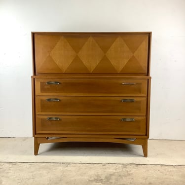 Mid-Century Red Lion Drop Front Highboy Dresser With Drop Front Desk 