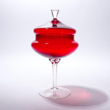 Midcentury Red Glass Lidded Apothecary, Candy Jar, Compote 