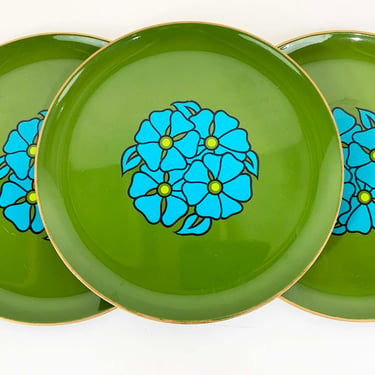 Vintage Plastic Flower Power Plates Set of 3 1960s 1970s Avocado Green Blue Small Lacquer Mid-Century MCM Japan CTO 