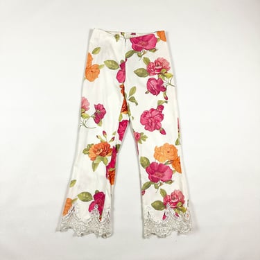 1990s Cache Orange Pink and White Rose Print Capris / White Lace Trim / Zip Front / y2k / 00s / Small / XS / Size 2 / Cropped / Floral / 