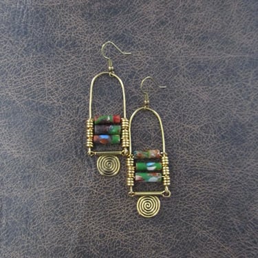 Mosaic jasper ethnic statement earrings, gold 2 