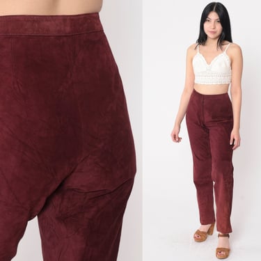 Suede Leather Pants 90s Burgundy Pants High Waisted Straight Leg Slim Trouser Going Out Party Club Vintage Bohemian Festival Boho Medium 8 