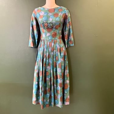 1950s floral day dress vintage blue roses fit and flare frock small 