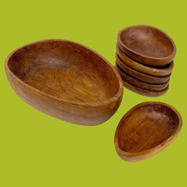 Vintage Salad Bowl Set Retro 1960s Mid Century Modern + Egg Shaped + Hand Carved + Brown + Teak Wood + Set of 7 + MCM Kitchen + Serving Food 