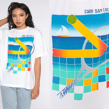 Cabo San Lucas Shirt Tennis Shirt 80s Vintage Mexico Sailboat Retro T Shirt Retro Tee Graphic Print 90s Top Extra Large xl 