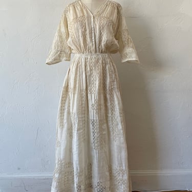 Vintage Antique Couture Linen + Lace Occasional Maxi Dress S/M