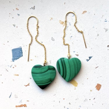 Malachite Heart Ear Threads in 14k Gold Filled with Vintage Malachite 