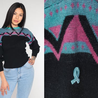 Black Wool Sweater 80s Demetre Ski Pullover Knit Sweater Striped Geometric Chevron Print Jumper Retro Pink Blue Vintage 1980s Extra Small xs 