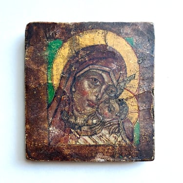 Charming Small Antique Orthodox Eleusa Icon of Virgin Mary & Jesus Theotokos 