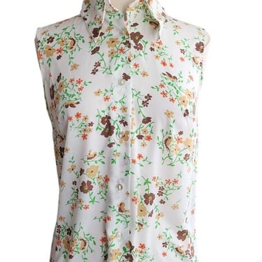 Vintage 70s White Floral & Bird Print Top Sleeveless Shirt / M 