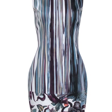 Tahari - White, Blue, & Purple Stripe Printed Sleeveless Sheath Dress Sz 8