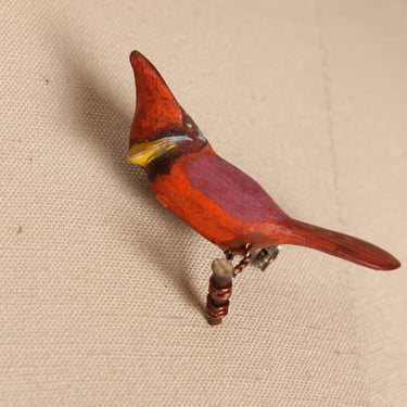 1940s Novelty Hand Carved Wooden Cardinal Bird Takahashi Style Brooch by Gumps Japan 