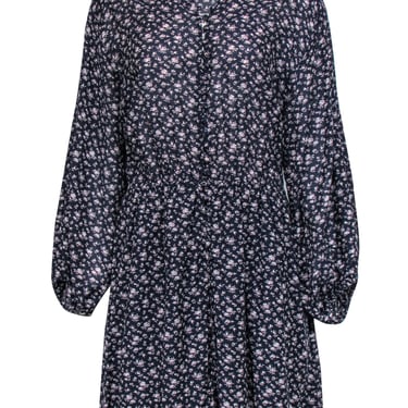 Joie - Navy Floral Print Long Sleeve Button-Front Shift Dress Sz L