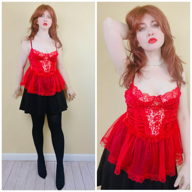 1980s Vintage Red Nylon Lace Peplum Top / 80s Rose Sheer Ruffled Tank / Size Small 