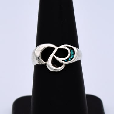 60's sterling turquoise inlay size 6.75 clouds ring, minimalist hippie 925 silver swirls band 