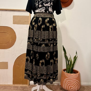 Vintage 90s Black Neutral Sunflower Print Maxi Summer Skirt Large 