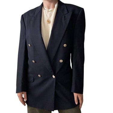 Vintage Burberry's Navy Blue Double Breasted Sport Coat Blazer Super 100s Wool 