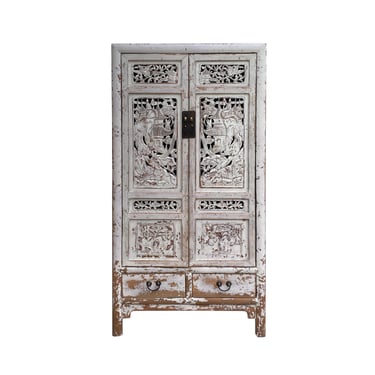 Chinese Distressed Off White Relief Carving Armoire Storage Cabinet cs7463E 