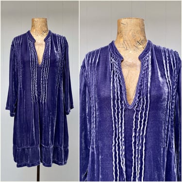 Vintage CP Shades Purple-Blue Velvet Tunic or Mini Dress, Pleated Loose Fit V Neck, Hand-Dyed Pre-Shrunk Washable, Small 