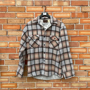 vintage 80s brown plaid quilted lined long sleeve flannel shirt / m medium 