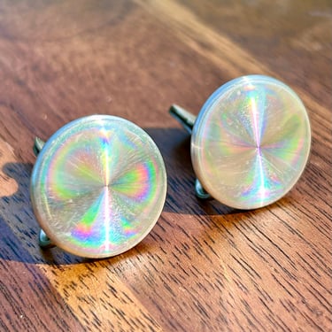 Vintage Diffraction Clip On Earrings Iridescent Rainbow Mid Century Jewelry Rare Psychedelic Trippy 1960s 