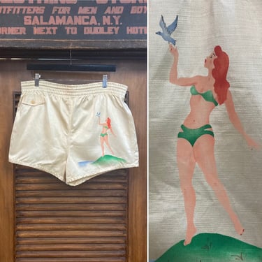 Vintage 1940’s Original Hand Painted Pin Up Girl Satin Swim Trunks Shorts, Art Deco, Rockabilly, 40’s Vintage Clothing 