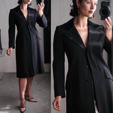 Vintage 70s NEUSTETERS Bill Haire for Friedricks Black Gabardine Velvet Collar Duster Coat | Made in USA | 100% Wool | 1970s Designer Jacket 